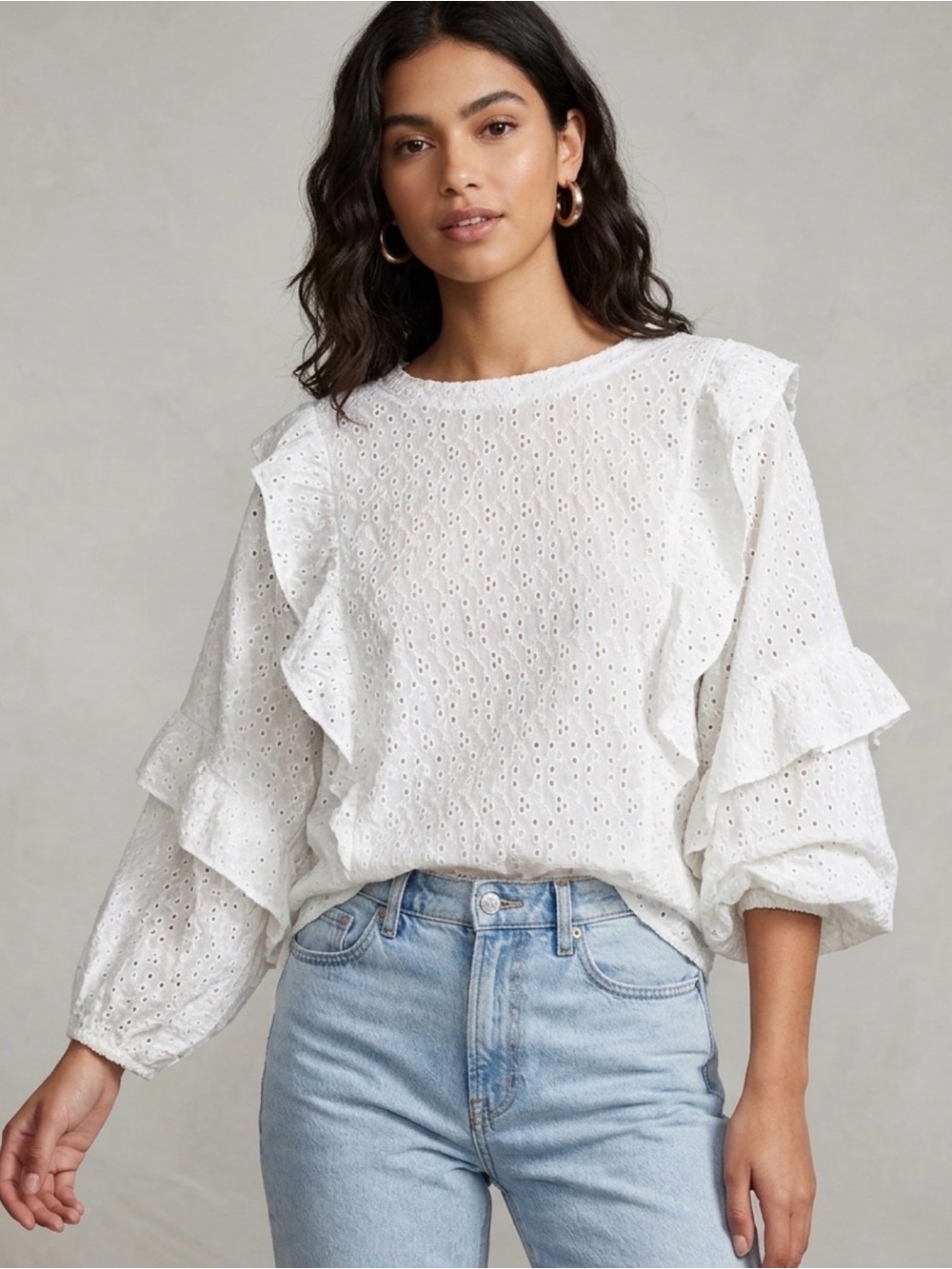 BUCKETLIST White Eyelet Ruffle Blouse